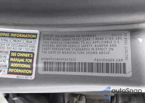 2004 Volkswagen Passat Gls from USA, damaged, VIN WVWPD63B04P097829